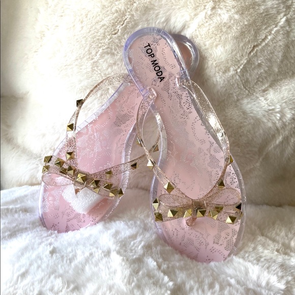 Clear bow flip flop jelly sandals with gold studs - Picture 2 of 7